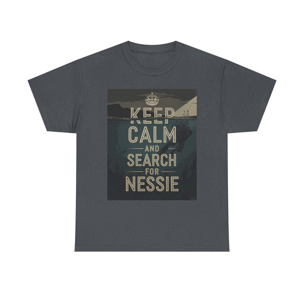 Keep Calm and Search for Nessie” T-Shirt – Funny Loch Ness Monster Graphic Tee, Unisex Heavy Cotton Shirt for Cryptid Hunters & Adventure Fans