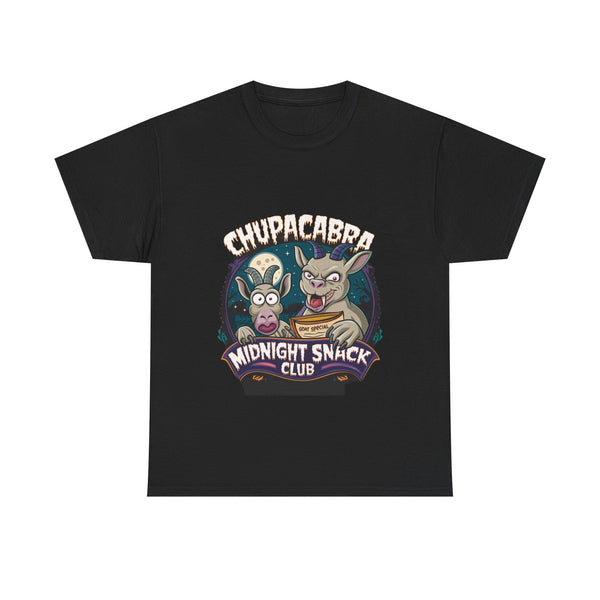 Chupacabra Midnight Snack Club” T-Shirt – Funny Cryptid Graphic Tee, Unisex Heavy Cotton Shirt for Snack Lovers & Myth Fans