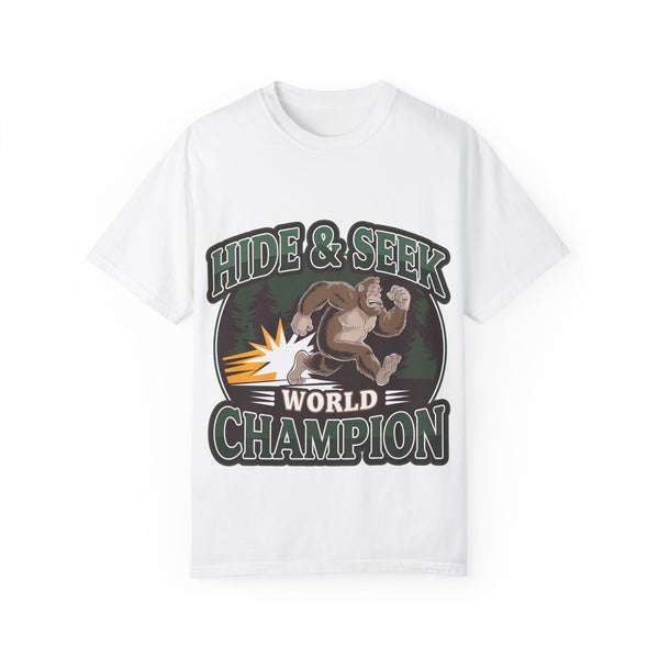 World Champion Hide & Seek” T-Shirt – Funny Bigfoot Graphic Tee, Unisex Softstyle Shirt for Cryptid Fans & Adventure Seekers