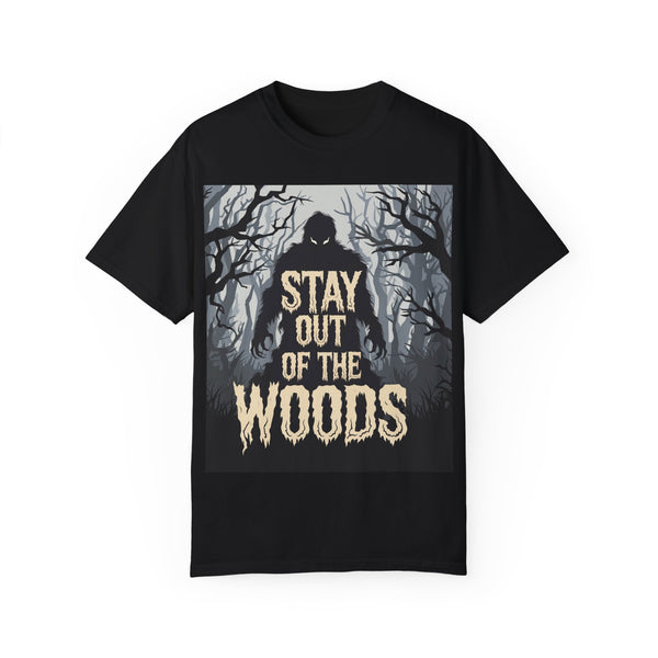 Stay Out Of The Woods” T-Shirt – Spooky Adventure Graphic Tee, Unisex Softstyle Shirt for Campers, Hikers & Mystery Fans